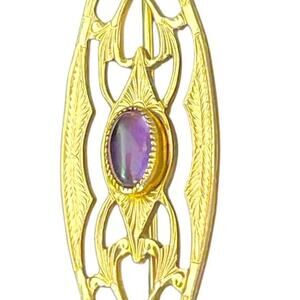 Antique Art Deco 14K 1/20 GF Ornate Mini Bar Brooch Pin+ Paste Amethyst 1.5x.5
